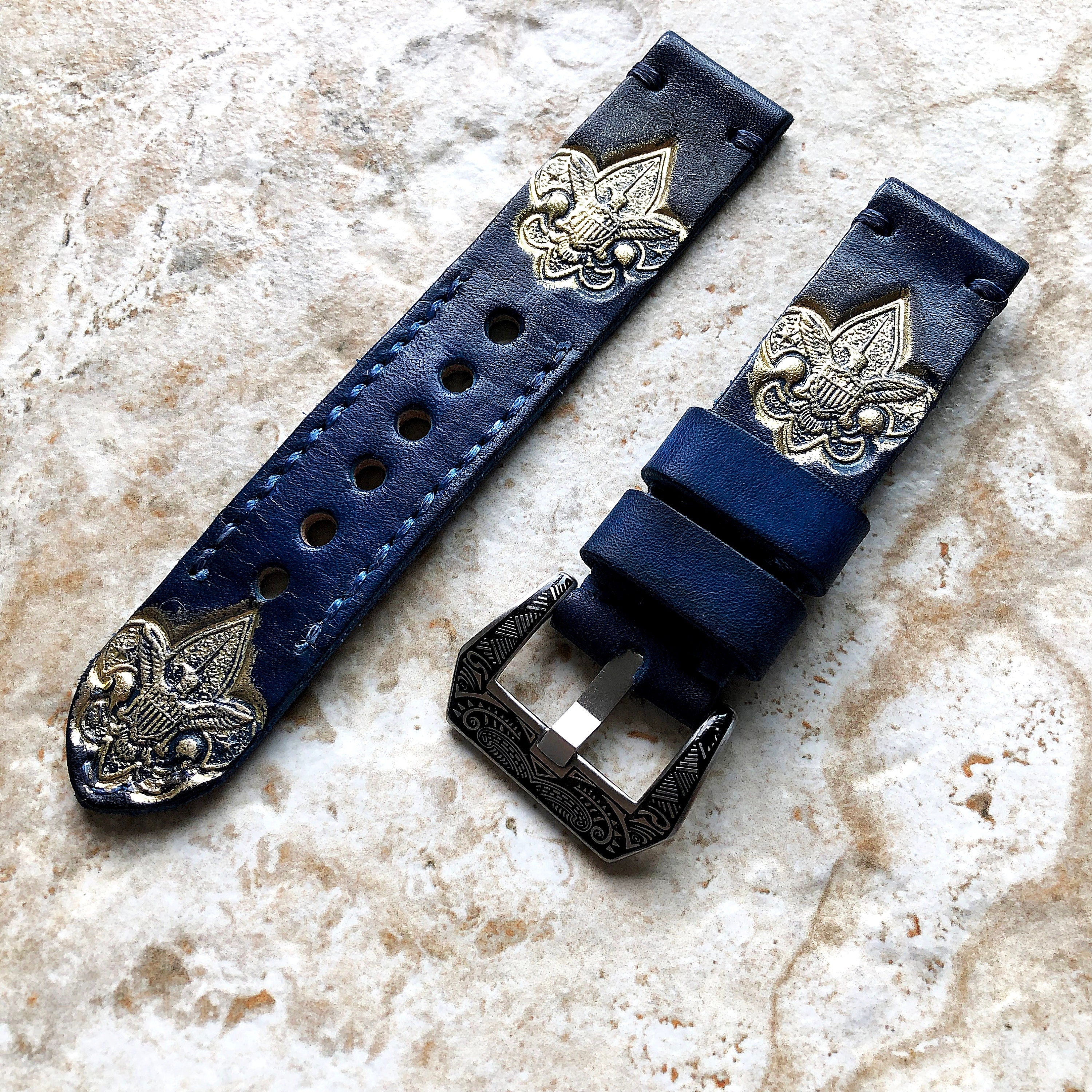 BS of America Band 22mm 24mm 25mm Compatible with Apple Watch Fitbit Versa 2 3 4 Sense 2 Ionic Accented Embossed Tooled Real Leather Strap